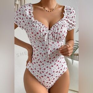Ditsy Floral Print Off Shoulder Frill Trim Knot Front Ruched Bust Bodysuit